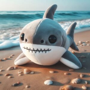 Sharky veut voir la mer : peluche de requin devant la mer