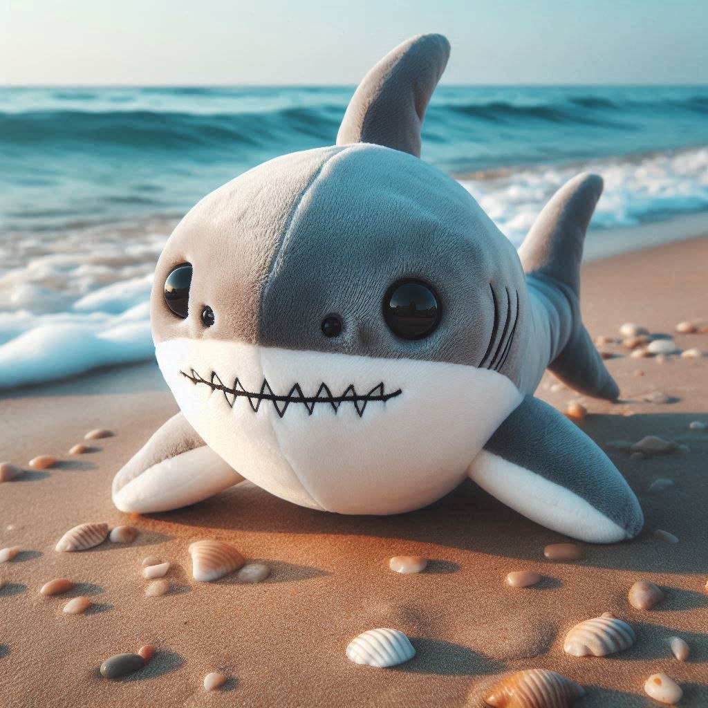 Sharky veut voir la mer : peluche de requin devant la mer