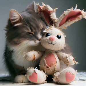 Peluche jouet pour chien : peluche de lapin usée avec un chat