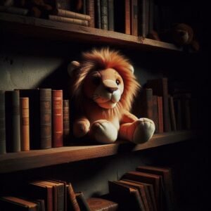 Peluche courageuse : peluche de lion sur une étagère
