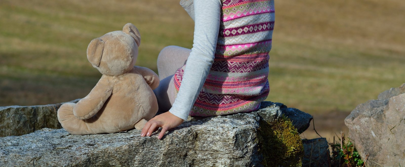 Bienfaits des peluches : une personne assise à côté d'une peluche dans la nature