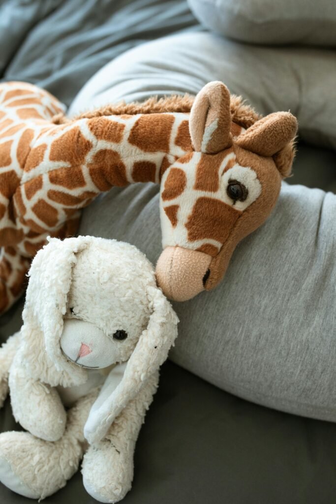 Les peluches et les animaux : peluche de girafe et peluche de lapin