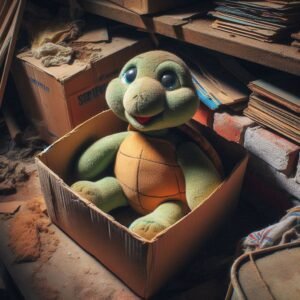 Peluche âges : tortue en peluche dans un carton