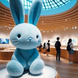 Peluche musée : lapin bleu en peluche exposé