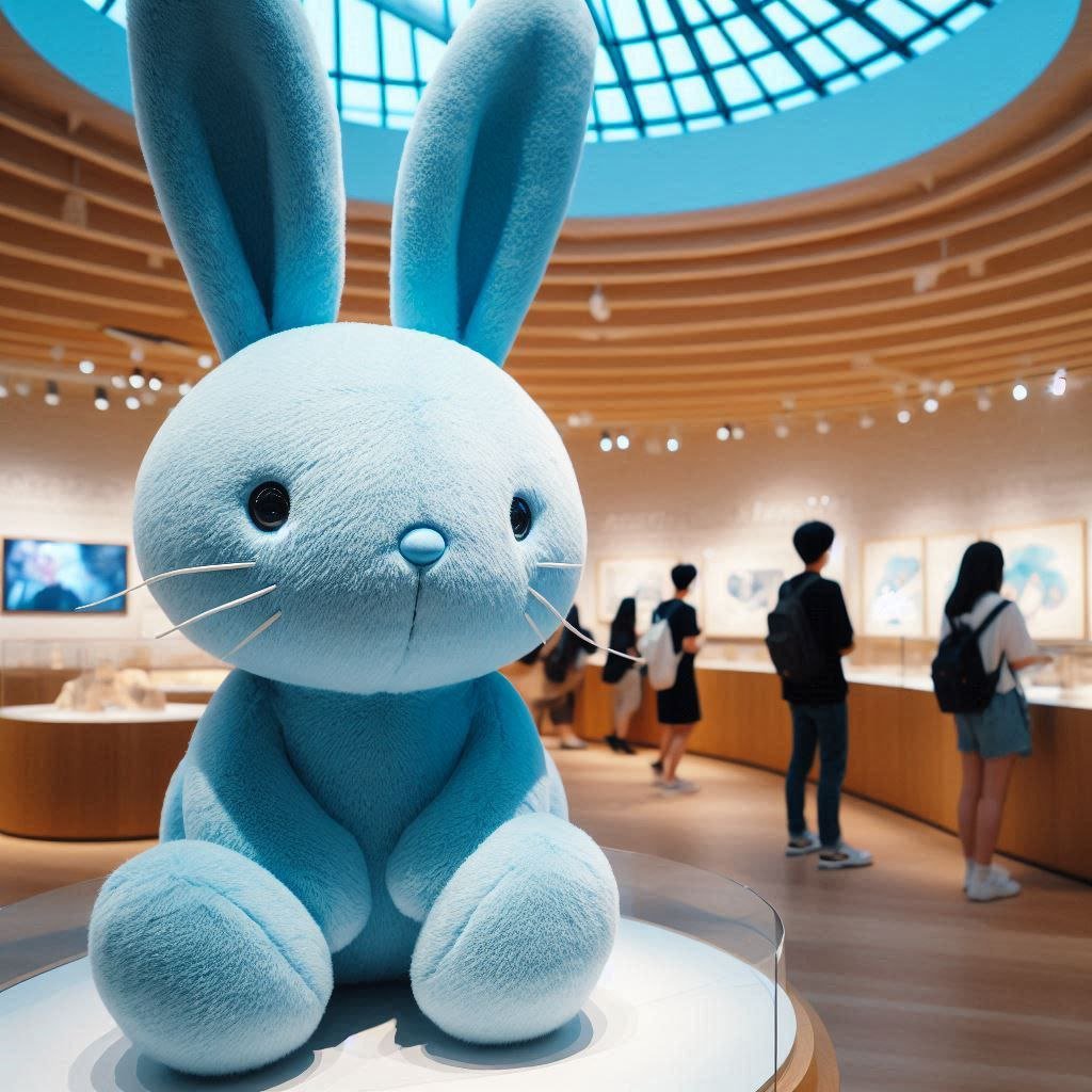Peluche musée : lapin bleu en peluche exposé