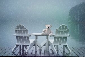 Cauchemars des peluches : peluche seule sur une table sous la pluie