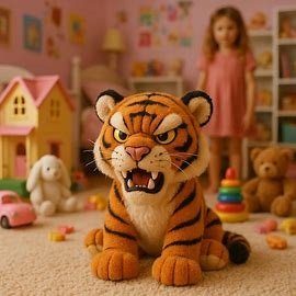 Tigroux l’aventurier rose : peluche de tigre dans une chambre de fille