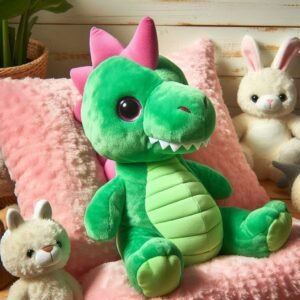Dinosaure anachronique peluche : peluche de dinosaure posée sur un coussin