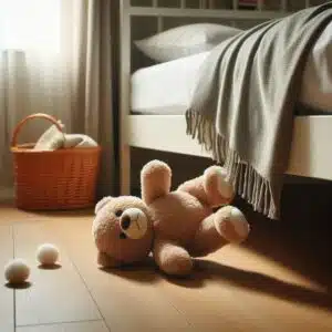 Peluche tombe du lit : ours en peluche en chute