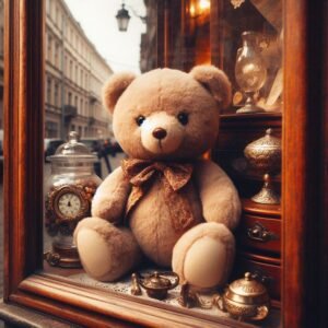 Ours de vitrine oubliée : peluche d'ours dans une vitrine