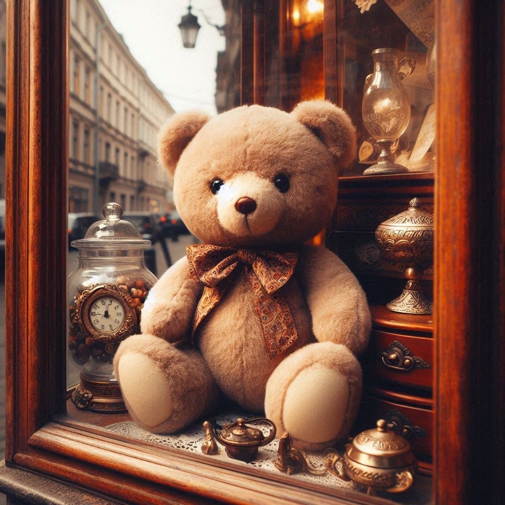 Ours de vitrine oubliée : peluche d'ours dans une vitrine