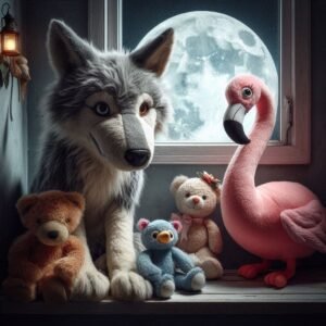 Loupix, peluche de loup grise aux oreilles tordues.