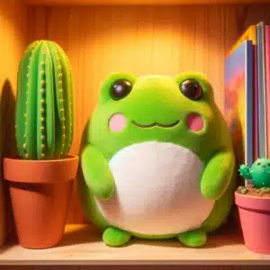 Peluche grenouille verte nommée Frogy, posée sur une étagère en bois, observant le monde avec un air calme et souriant.