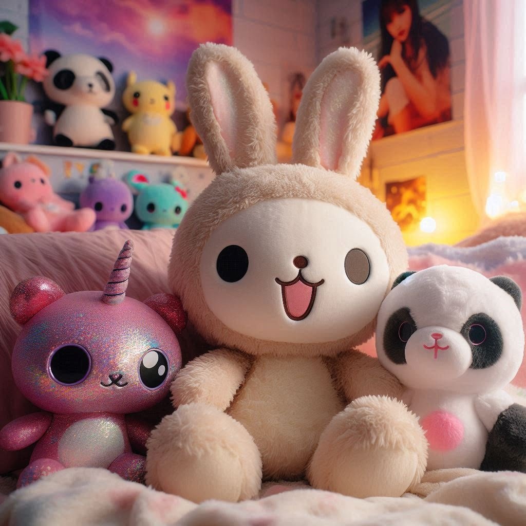 Peluche lapin usée posée sur un lit, entourée d’une licorne pailletée, d’un panda rose et d’un chat blanc curieux dans une chambre rénovée.