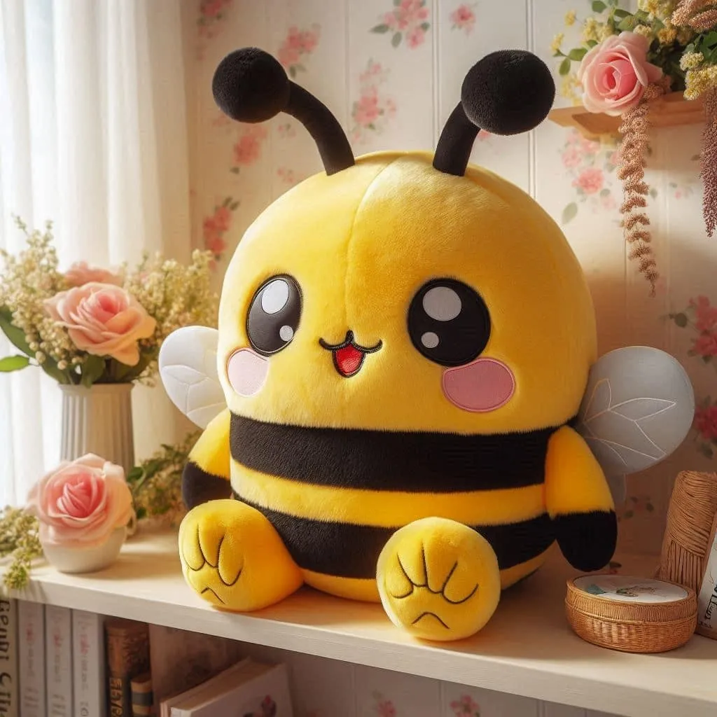 Bzee Bzee, l’abeille qui voulait chanter pour les fleurs, une peluche d’abeille jaune et noire