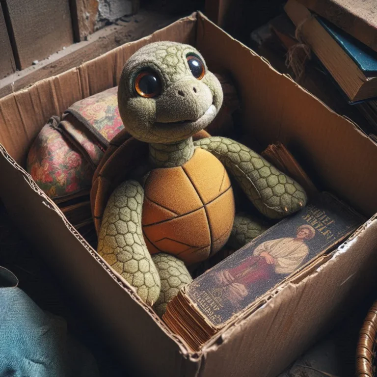 Peluche des Âges: tortue en peluche dans un carton