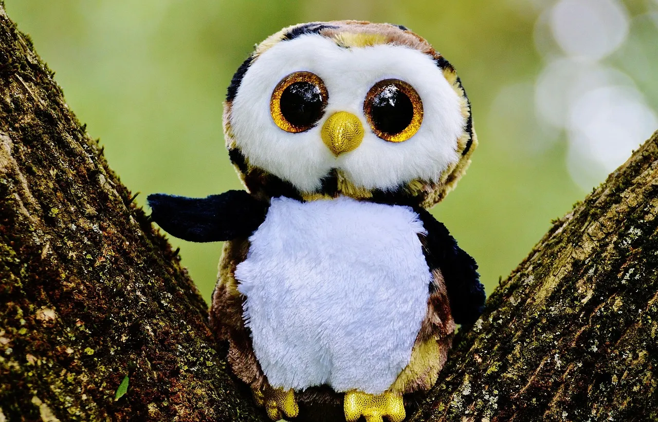 peluche et nature, une peluche de hibou dans un arbre